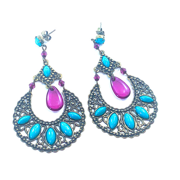 Avon Large Half Moon Dangle Earrings 2019 - Turquoise and Violet Colors - Picture 1 of 6